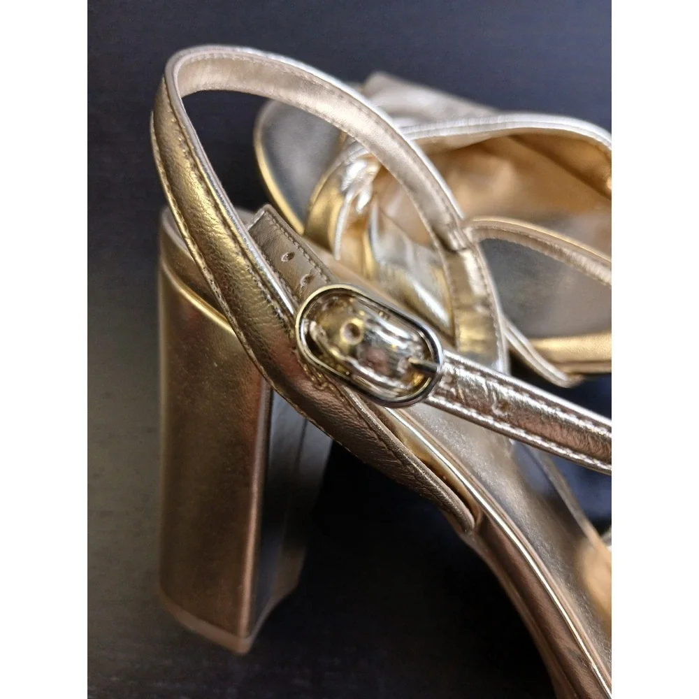 Anne Klein AKVALENTINE-W Gold Metallic Knotted Platform Block Heel Sandals 10W
